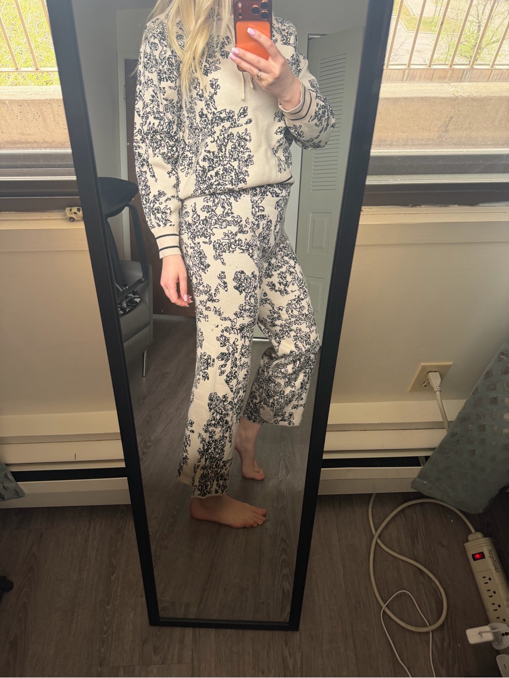 Cream and Black Floral Knit Sweater Set - Women's Two-Piece Lounge Set